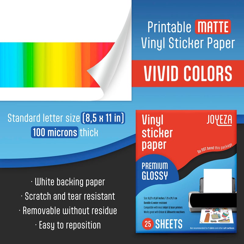 JOYEZA Premium Printable Vinyl Sticker Paper for Inkjet Printer - 25 Sheets Glossy White Waterproof, Dries Quickly Vivid Colors, Holds Ink Well - Inkjet & Laser Printer - Image 2